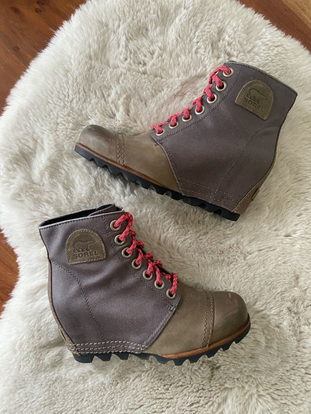 Sorel 1964 Premium Wedge ankle boots leather waxed canvas grey brown coral 6.5